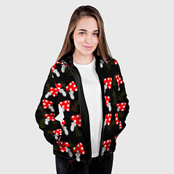 Куртка с капюшоном женская Мухоморы на черном фоне, цвет: 3D-черный — фото 2