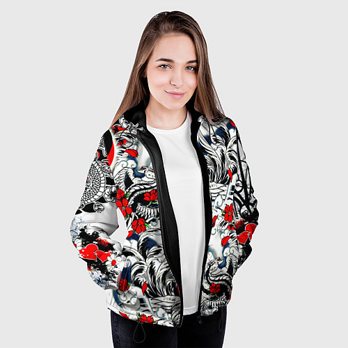 Женская куртка Красные цветы и птицы / 3D-Черный – фото 3