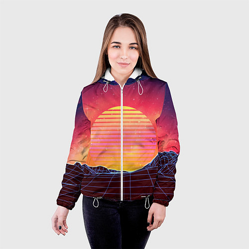 Женская куртка Абстрактные 3D неоновые горы на закате / 3D-Белый – фото 4