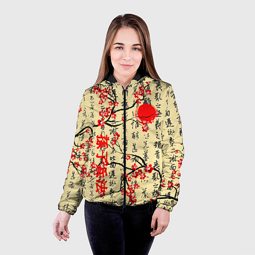 Женская куртка Иероглифы и сакура / 3D-Черный – фото 4