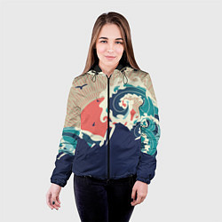 Куртка с капюшоном женская Большая океанская волна и силуэт пустынного остров, цвет: 3D-черный — фото 2