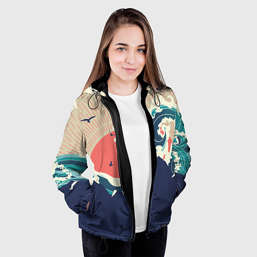 Женская куртка Большая океанская волна и силуэт пустынного остров / 3D-Черный – фото 3