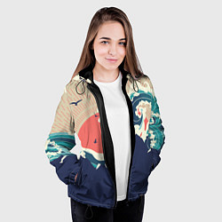 Куртка с капюшоном женская Большая океанская волна и силуэт пустынного остров, цвет: 3D-черный — фото 2