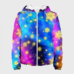 Куртка с капюшоном женская Снежинки и звезды - яркие цвета, цвет: 3D-белый