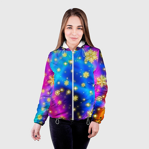 Женская куртка Снежинки и звезды - яркие цвета / 3D-Белый – фото 4