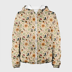 Куртка с капюшоном женская Растения на бежевом фоне, цвет: 3D-белый