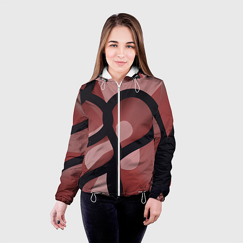 Женская куртка Тёмные волнообразные линии на красном фоне / 3D-Белый – фото 4