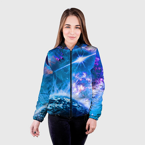 Женская куртка Космос - планета и яркая звезда / 3D-Черный – фото 4