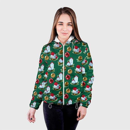 Женская куртка Новогодние домики на зеленом - паттерн / 3D-Белый – фото 4