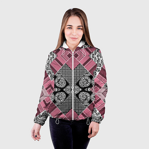 Женская куртка Геометрический розово-черный с белым узор / 3D-Белый – фото 4