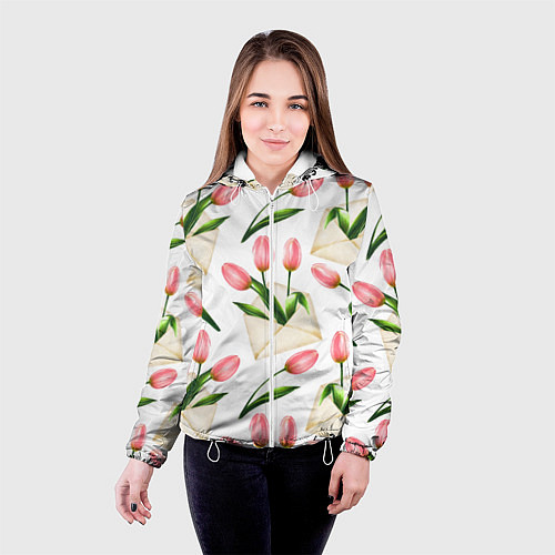 Женская куртка Тюльпаны в конвертах - паттерн / 3D-Белый – фото 4
