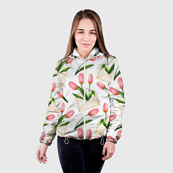 Куртка с капюшоном женская Тюльпаны в конвертах - паттерн, цвет: 3D-белый — фото 2