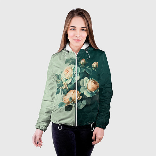 Женская куртка Розы на зеленом фоне / 3D-Белый – фото 4