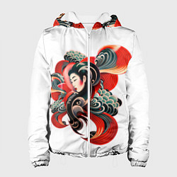 Куртка с капюшоном женская Японская татуировка: гейша, цвет: 3D-белый