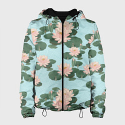 Куртка с капюшоном женская Водяные лилии на бирюзовом фоне, цвет: 3D-черный