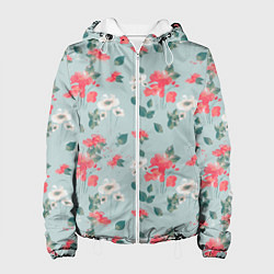 Куртка с капюшоном женская Паттерн с красными и белыми цветами, цвет: 3D-белый