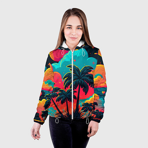Женская куртка Неоновые пальмы на закате / 3D-Белый – фото 4