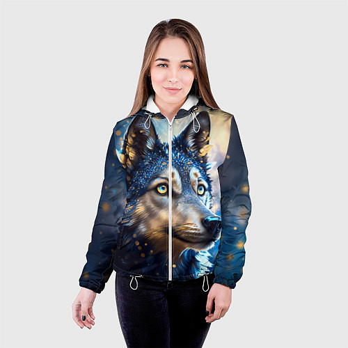 Женская куртка Волк на синем фоне / 3D-Белый – фото 4
