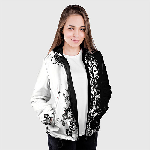 Женская куртка Черно-белая птица среди узорчатых цветов / 3D-Черный – фото 3