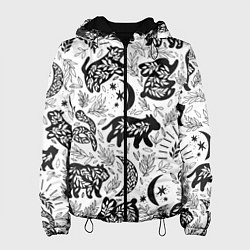 Куртка с капюшоном женская Веточки и лесные звери - паттерн, цвет: 3D-черный