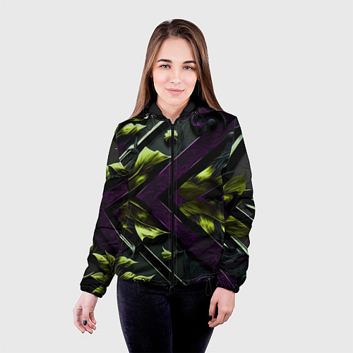 Женская куртка Зеленые листья и фиолетовые вставки / 3D-Черный – фото 4