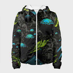 Куртка с капюшоном женская Зеленые абстрактные листья, цвет: 3D-белый