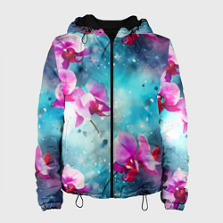 Женская куртка Розовые орхидеи на бирюзовом - паттерн акварель