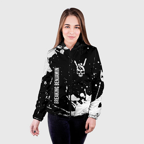 Женская куртка Breaking Benjamin и рок символ на темном фоне / 3D-Черный – фото 4