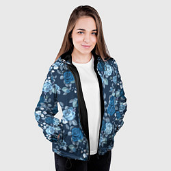 Куртка с капюшоном женская Голубые розы паттерн, цвет: 3D-черный — фото 2