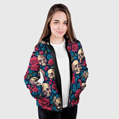 Женская куртка Черепа и красные розы / 3D-Черный – фото 3