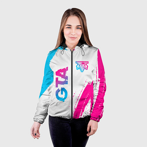 Женская куртка GTA neon gradient style: надпись, символ / 3D-Черный – фото 4