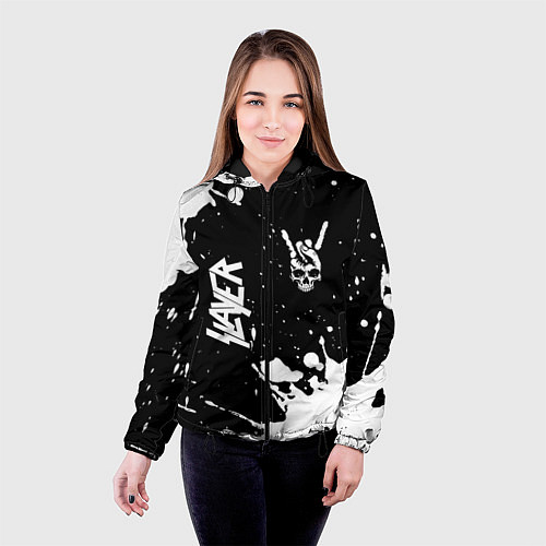 Женская куртка Slayer и рок символ на темном фоне / 3D-Черный – фото 4