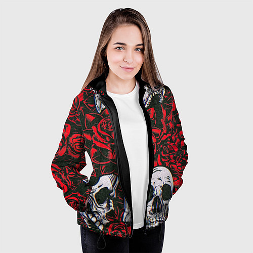 Женская куртка Красные розы и черепа / 3D-Черный – фото 3