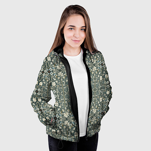 Женская куртка Белые цветочки на сером фоне / 3D-Черный – фото 3