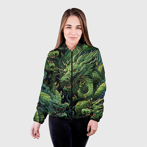 Женская куртка Зеленые драконы: арт нейросети / 3D-Черный – фото 4