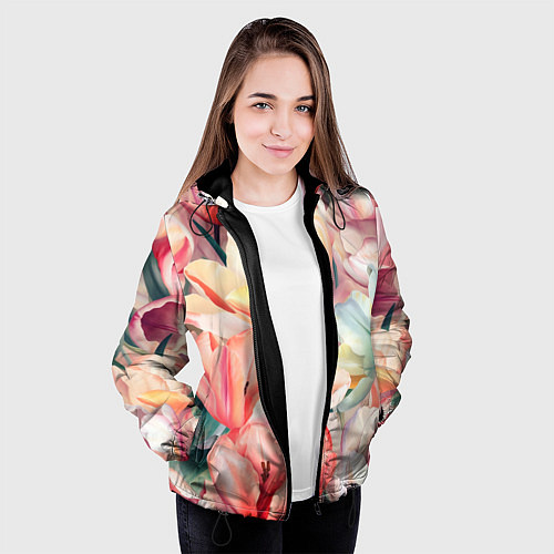 Женская куртка Разноцветные пастельные тюльпаны - паттерн / 3D-Черный – фото 3