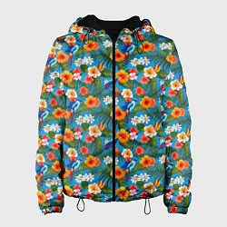 Куртка с капюшоном женская Яркие цветы на голубом фоне, цвет: 3D-черный