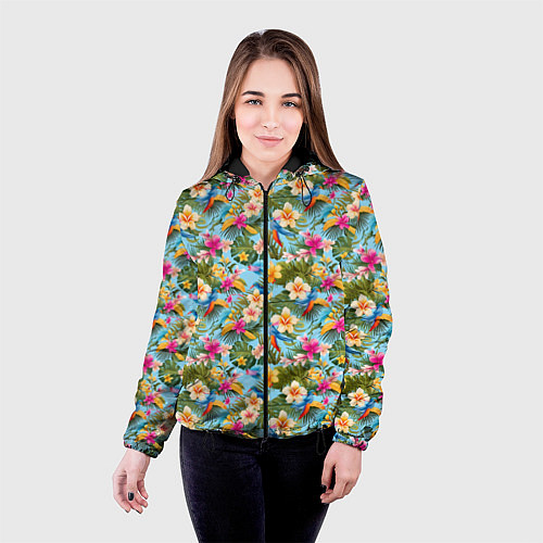 Женская куртка Разноцветные цветочки гавайские / 3D-Черный – фото 4