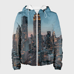 Куртка с капюшоном женская Утренний город с небоскребами, цвет: 3D-белый