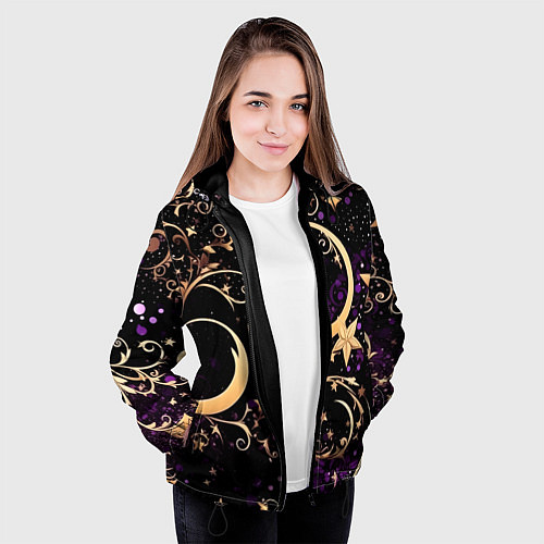 Женская куртка Чёрный паттерн со звёздами и лунами / 3D-Черный – фото 3