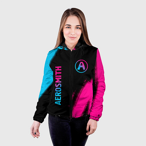 Женская куртка Aerosmith - neon gradient: надпись, символ / 3D-Черный – фото 4