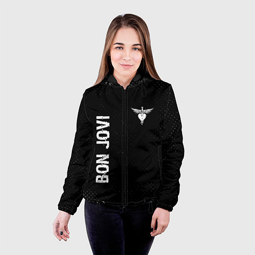 Женская куртка Bon Jovi glitch на темном фоне: надпись, символ / 3D-Черный – фото 4