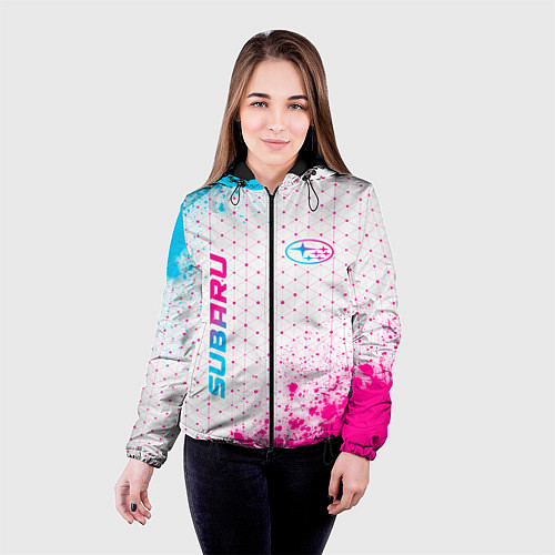 Женская куртка Subaru neon gradient style: надпись, символ / 3D-Черный – фото 4