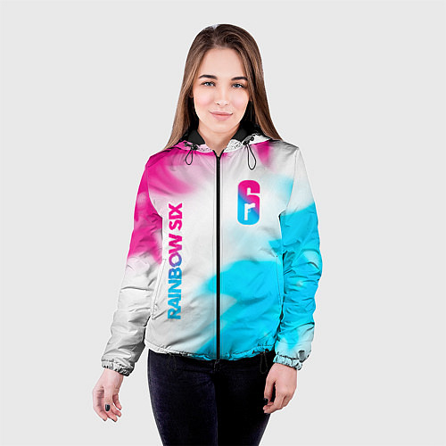 Женская куртка Rainbow Six neon gradient style: надпись, символ / 3D-Черный – фото 4