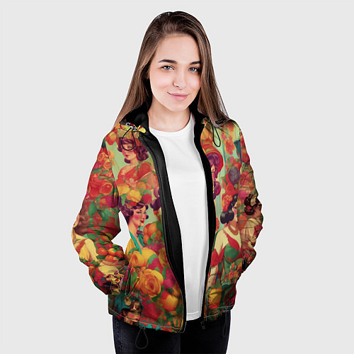 Женская куртка Винтажные ретро леди и цветы / 3D-Черный – фото 3