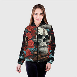 Куртка с капюшоном женская Череп викинга на корабле с розами в стиле тату ире, цвет: 3D-черный — фото 2