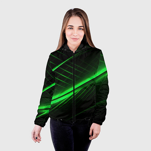 Женская куртка Зеленые полосы на черном фоне / 3D-Черный – фото 4