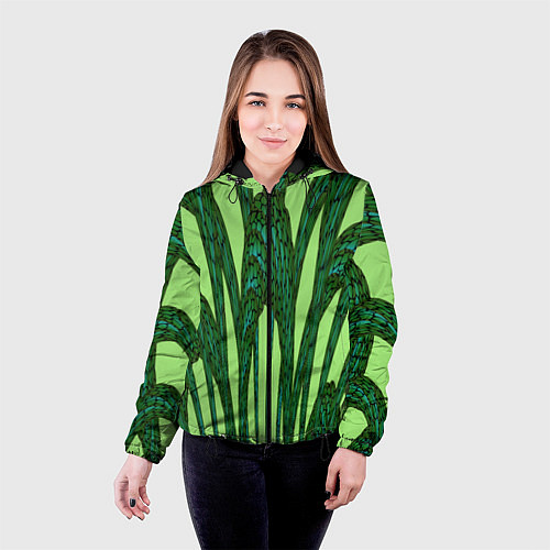 Женская куртка Зеленый растительный мотив / 3D-Черный – фото 4