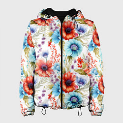 Женская куртка Синие и красные маки на белом - паттерн