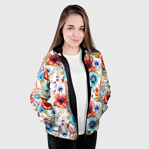 Женская куртка Синие и красные маки на белом - паттерн / 3D-Черный – фото 3